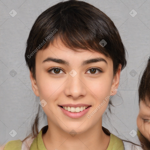 Joyful white young-adult female with medium  brown hair and brown eyes