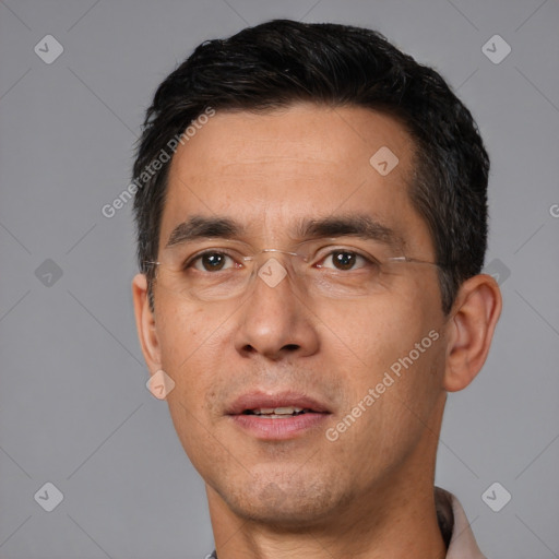 Neutral white adult male with short  black hair and brown eyes