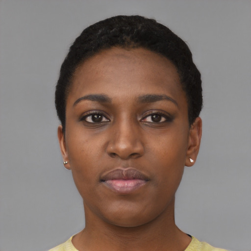 Neutral black young-adult female with short  black hair and brown eyes