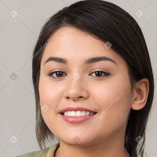 Joyful white young-adult female with long  brown hair and brown eyes