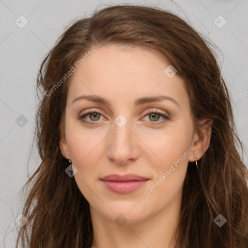 Joyful white young-adult female with long  brown hair and green eyes