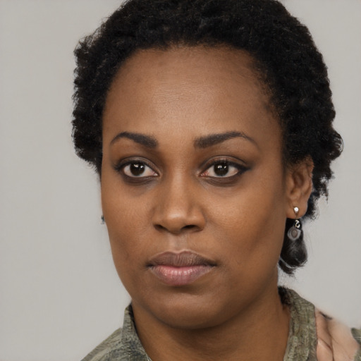 Neutral black young-adult female with short  black hair and brown eyes