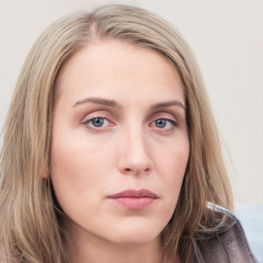 Neutral white young-adult female with long  brown hair and grey eyes