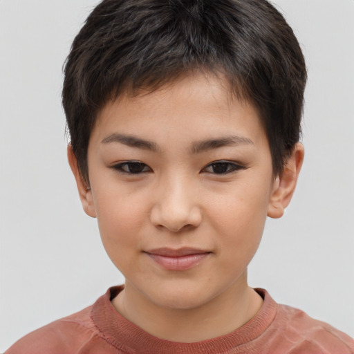 Joyful asian child female with short  brown hair and brown eyes