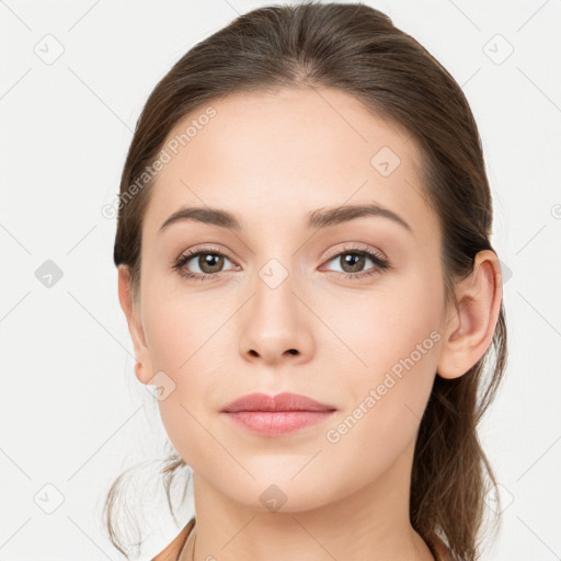 Neutral white young-adult female with medium  brown hair and brown eyes