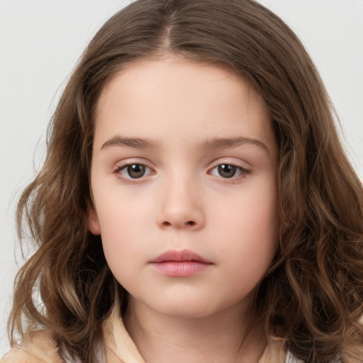 Neutral white child female with long  brown hair and brown eyes