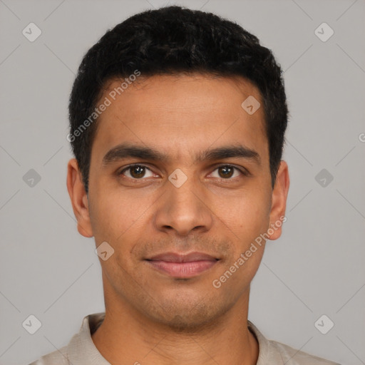 Neutral latino young-adult male with short  black hair and brown eyes