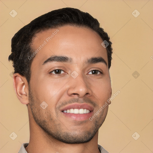 Joyful latino young-adult male with short  brown hair and brown eyes