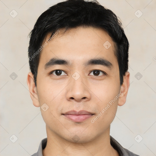 Neutral asian young-adult male with short  black hair and brown eyes