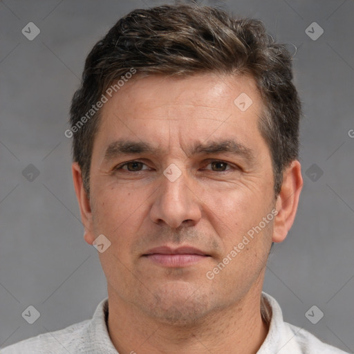 Neutral white adult male with short  brown hair and brown eyes