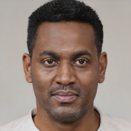 Neutral black young-adult male with short  black hair and brown eyes
