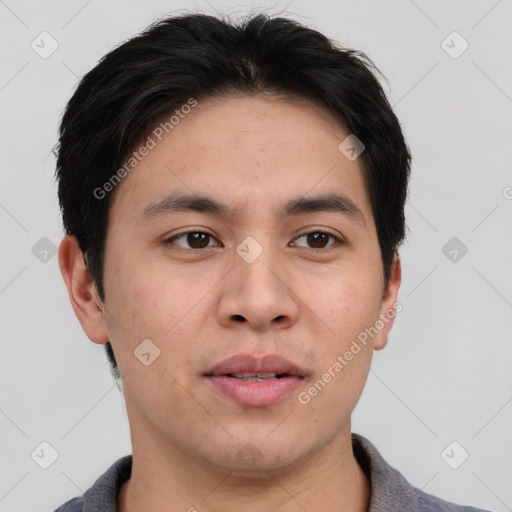 Neutral asian young-adult male with short  brown hair and brown eyes