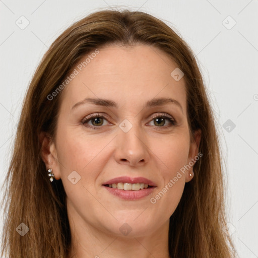 Joyful white young-adult female with long  brown hair and green eyes