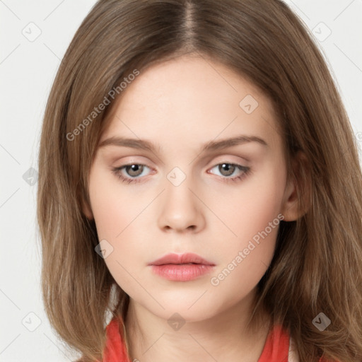 Neutral white young-adult female with long  brown hair and brown eyes