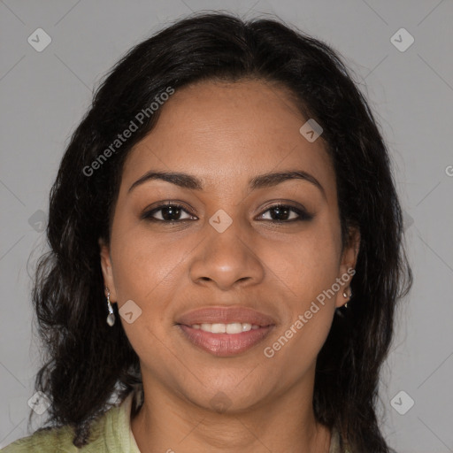 Joyful black young-adult female with medium  brown hair and brown eyes