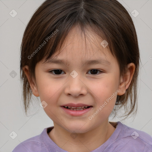 Joyful white child female with medium  brown hair and brown eyes