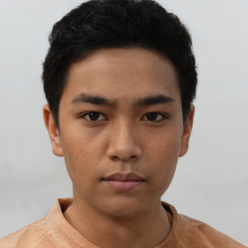 Neutral asian young-adult male with short  brown hair and brown eyes