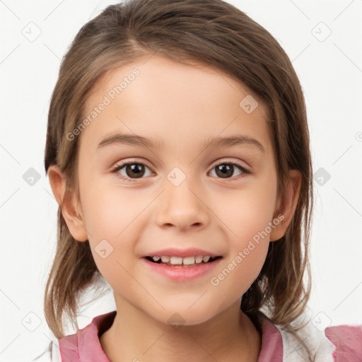 Joyful white child female with medium  brown hair and brown eyes