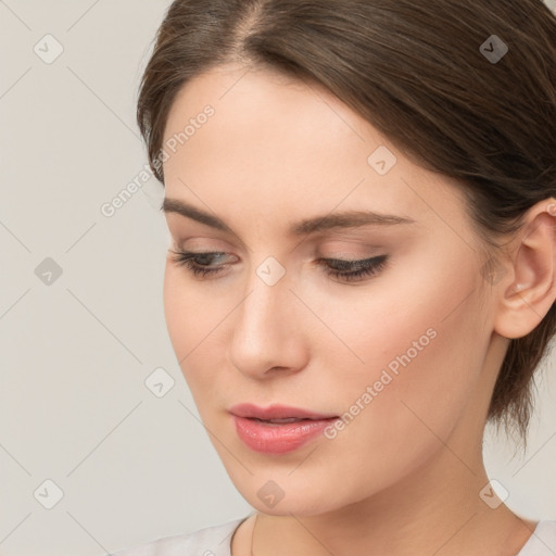 Neutral white young-adult female with medium  brown hair and brown eyes