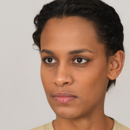 Neutral black young-adult female with short  brown hair and brown eyes