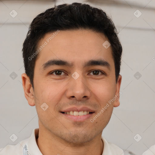 Joyful latino young-adult male with short  brown hair and brown eyes