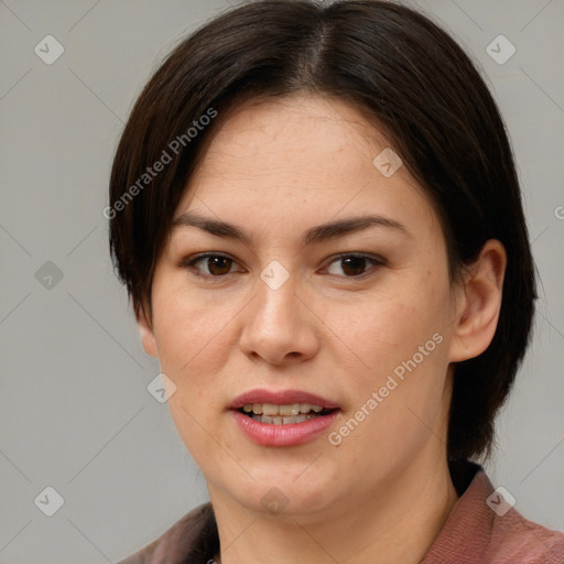 Joyful white young-adult female with medium  brown hair and brown eyes