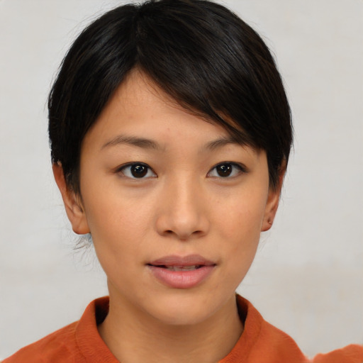 Neutral asian young-adult female with short  brown hair and brown eyes