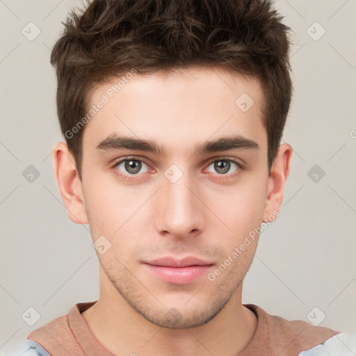 Neutral white young-adult male with short  brown hair and brown eyes