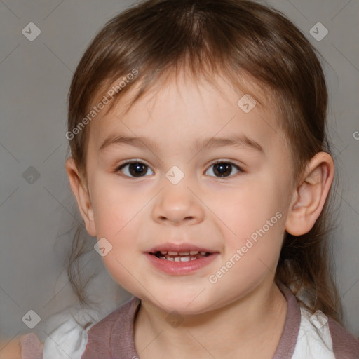 Joyful white child female with medium  brown hair and brown eyes