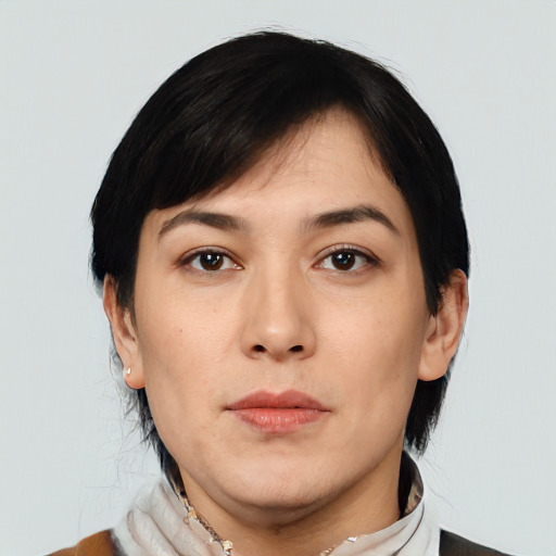Neutral asian young-adult female with short  black hair and brown eyes