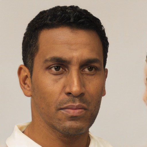 Neutral latino adult male with short  black hair and brown eyes