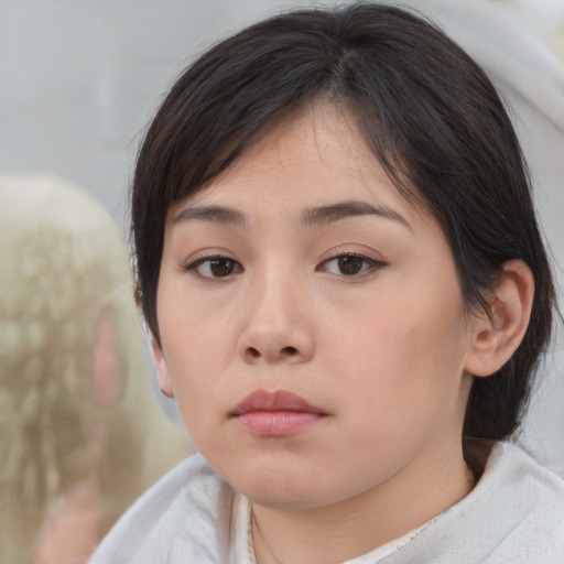 Neutral asian young-adult female with medium  brown hair and brown eyes