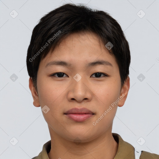 Neutral asian young-adult female with short  brown hair and brown eyes