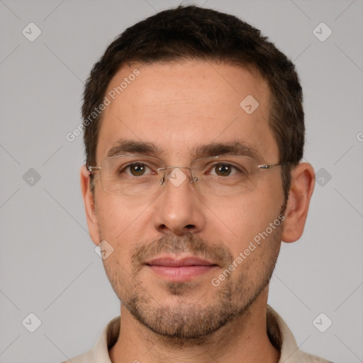 Neutral white adult male with short  brown hair and brown eyes