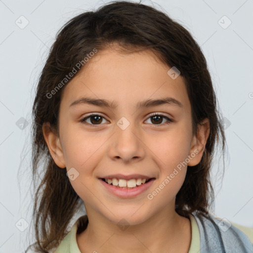 Joyful white child female with medium  brown hair and brown eyes