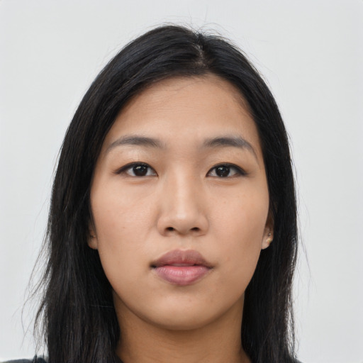 Neutral asian young-adult female with long  black hair and brown eyes