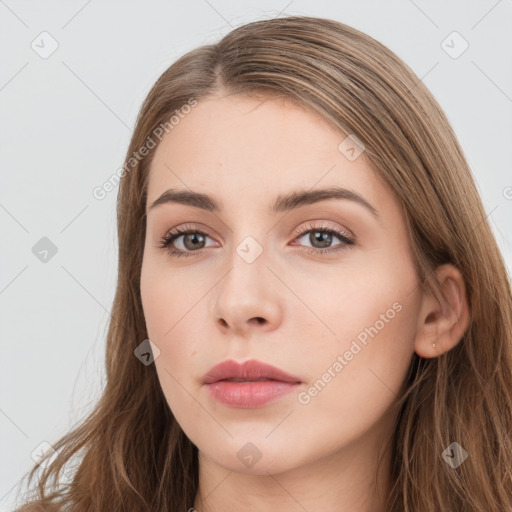 Neutral white young-adult female with long  brown hair and brown eyes