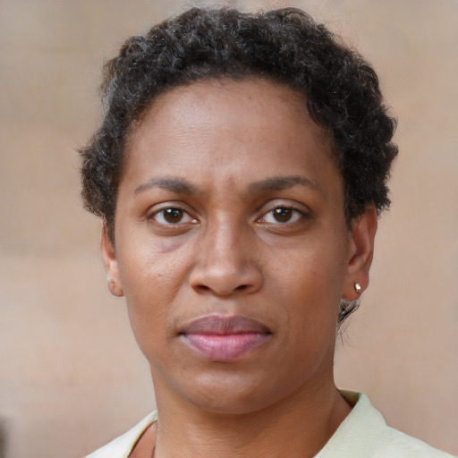 Neutral black adult female with short  brown hair and brown eyes