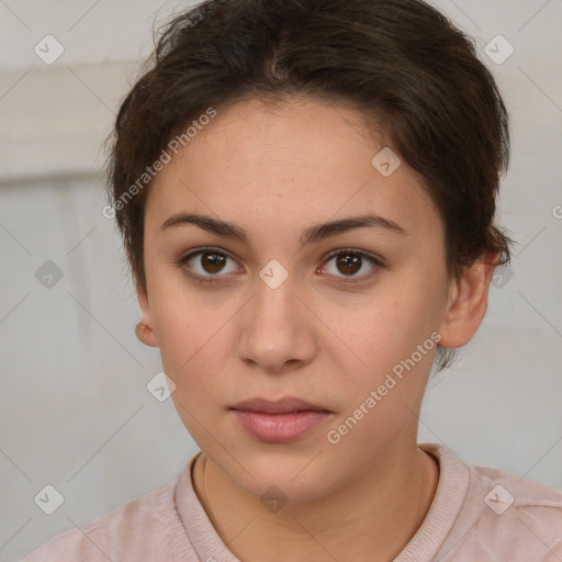 Neutral white young-adult female with short  brown hair and brown eyes