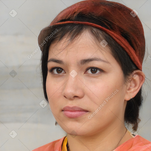 Neutral white young-adult female with medium  brown hair and brown eyes