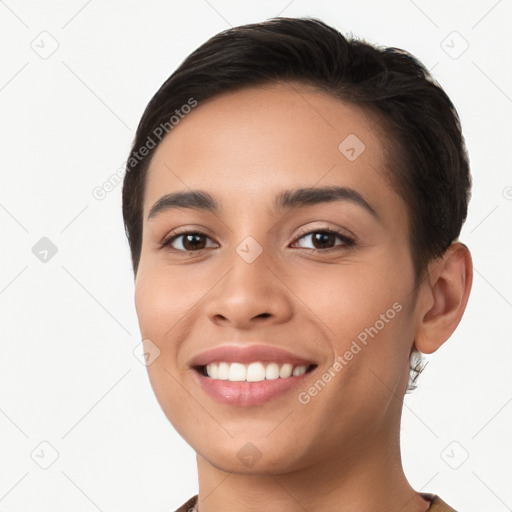 Joyful white young-adult female with short  brown hair and brown eyes