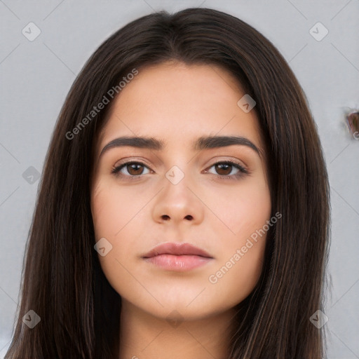 Neutral asian young-adult female with long  brown hair and brown eyes