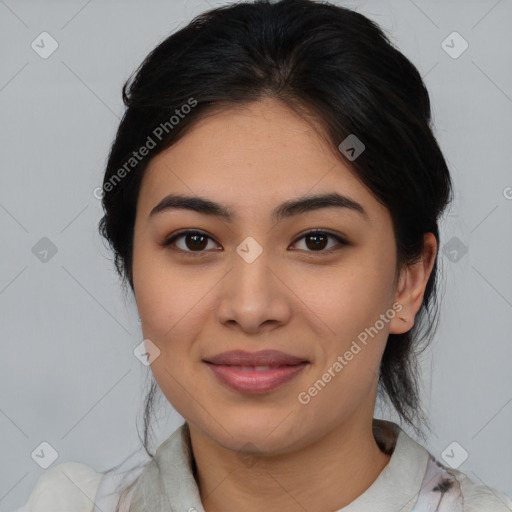 Joyful asian young-adult female with medium  brown hair and brown eyes