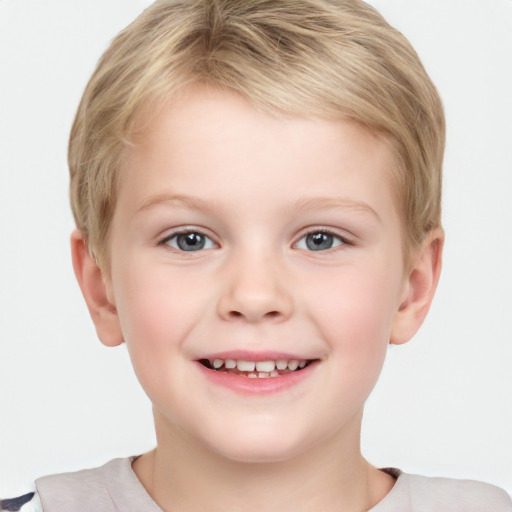 Joyful white child female with short  brown hair and grey eyes