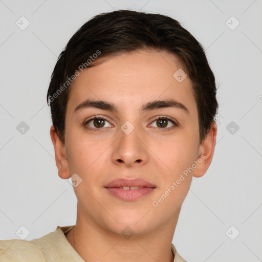 Joyful white young-adult female with short  brown hair and brown eyes