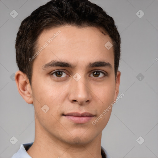 Neutral white young-adult male with short  brown hair and brown eyes