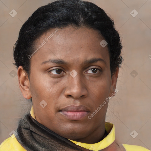 Neutral latino young-adult female with short  brown hair and brown eyes