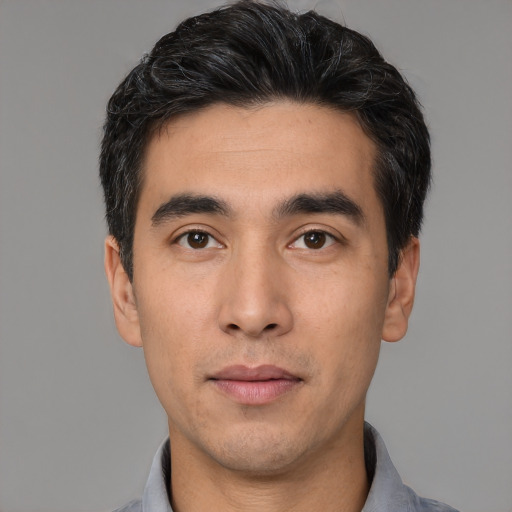 Neutral asian young-adult male with short  black hair and brown eyes