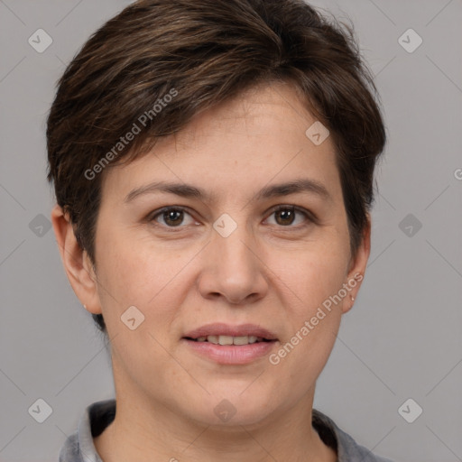 Joyful white young-adult female with short  brown hair and grey eyes