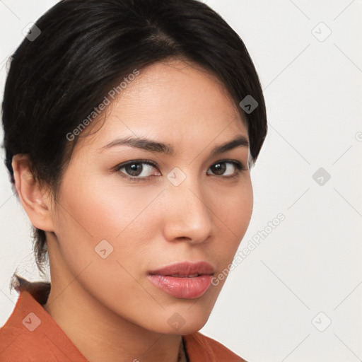 Neutral white young-adult female with medium  brown hair and brown eyes